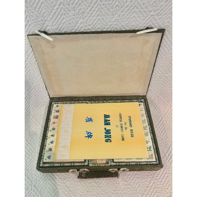 Vintage Chinese Bone & Bamboo Mah Jong Set in Silk Brocade Case With Original Booklet & Wrapped Tiles For Sale - Image 4 of 15