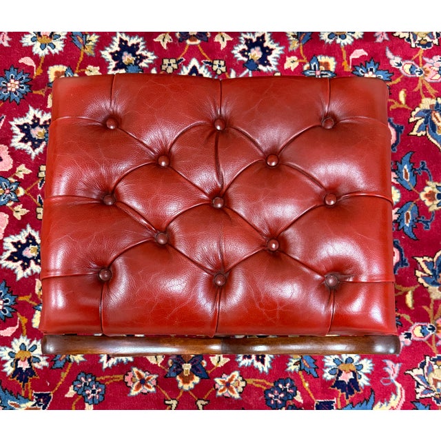 Vintage English Chesterfield Style Tufted Campeche Chair Ottoman Red Leather For Sale - Image 10 of 17