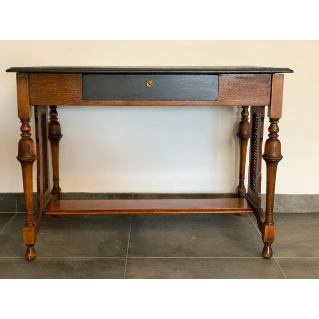 Traditional Antique Ebonized Oak Library Table Desk With Drawer For Sale - Image 3 of 8