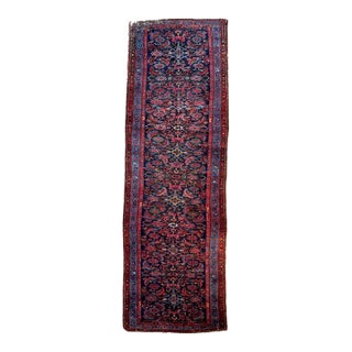 1930s Narrow & Plush Army Green & Indigo-Ice Water Garden Runner Rug 2.9 x 9.8 For Sale