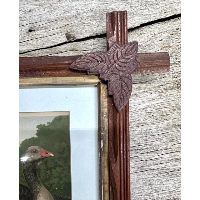 1920s Vintage Black Forest Style Carved Wooden Frame With Two Geese Lithograph Print For Sale - Image 5 of 10
