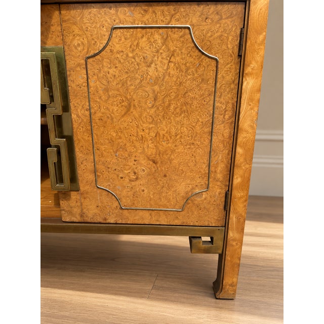 1970s Hollywood Regency Burlwood & Brass Greek Key Credenza, Attributed to Mastercraft For Sale - Image 9 of 10