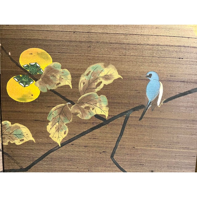 Japanese Vintage Japanese Four-Panel Byōbu Folding Silk Screen Persimmon & Bird Motif For Sale - Image 3 of 9