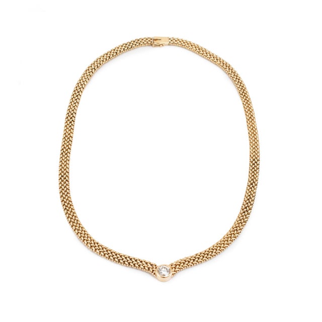 Metal Vintage 14k Yellow Gold 0.86ct Diamond Solitaire Mesh Chocker Pendant Necklace For Sale - Image 7 of 8
