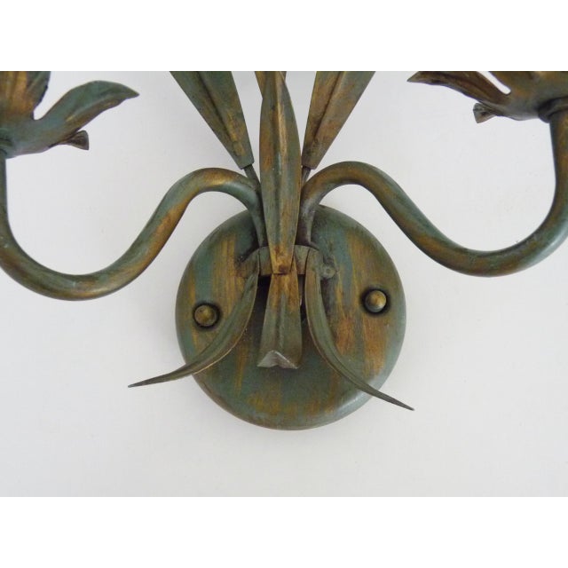 Forest Green Antique Wheat Sheaf Wall Sconces in Gold and Green Metal, 1980s, Set of 2 For Sale - Image 8 of 11