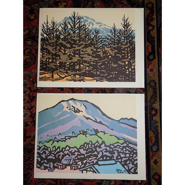 Blue Vintage Folio Size Signed Mid 20th C. Japanese Expressionist Landscape Lithographs - A Pair by Subaro Myata For Sale - Image 8 of 8