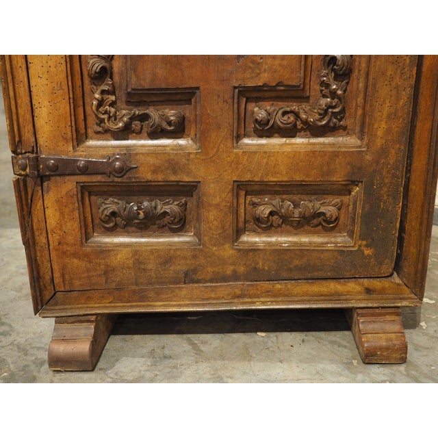 Unusual Circa 1650 Solid Walnut Carved Single Door Cabinet From Spain For Sale - Image 11 of 18