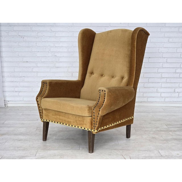 Danish High Back Armchair in Furniture Velour and Oak Wood Legs, 1970s For Sale - Image 11 of 16