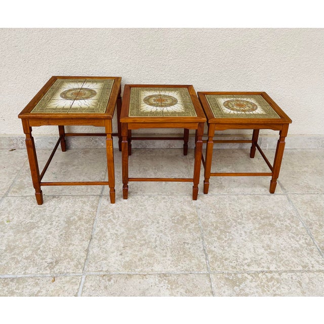 Wood Danish Teak and Ceramic Nesting Tables, 1960s, Set of 3 For Sale - Image 7 of 11