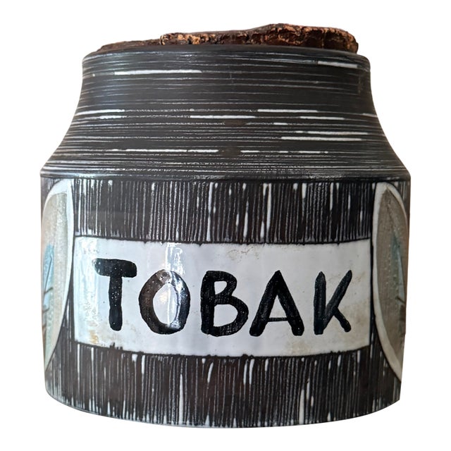 Vintage Italian Tobak Jar With Cork Lid | Mid-Century Modern Pottery Tobacco Canister | Hand-Painted Foliage Motif For Sale