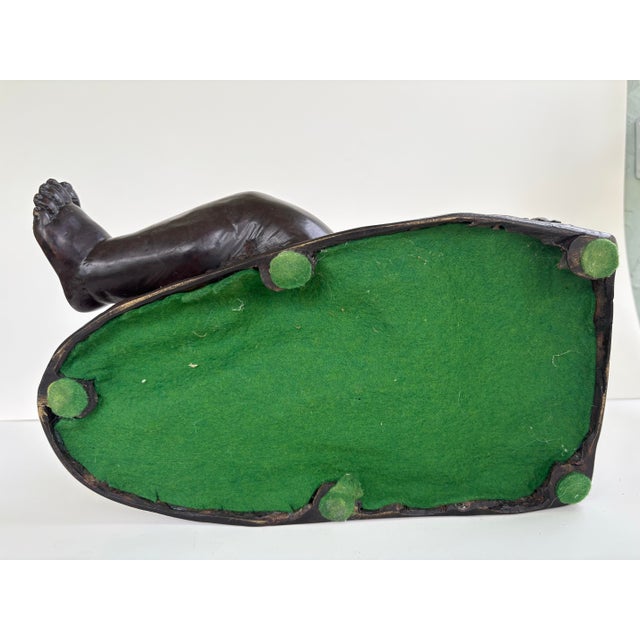 Vintage Bronze Finish Reclining Cherub Sculpture on Textured Base For Sale In Orlando - Image 6 of 7