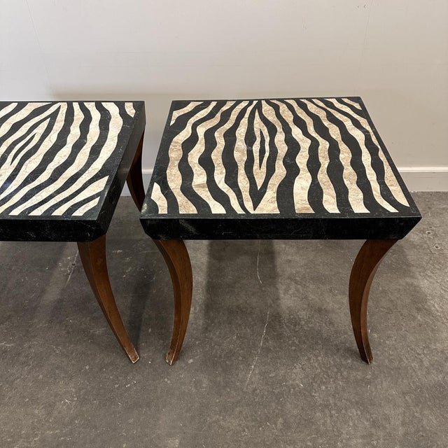 Stone Italian Zebra Inlaid Tessellated Stone Tables with Refined Curv, Set of 2 For Sale - Image 7 of 16