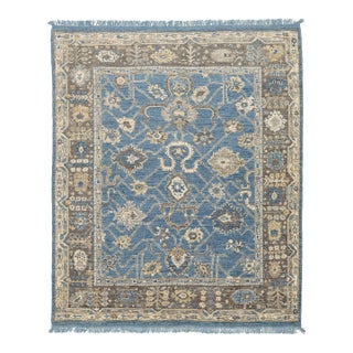 Modern Oushak Style Hand-Knotted Wool Area Rug in French Blue, Slate Grey & Gold For Sale