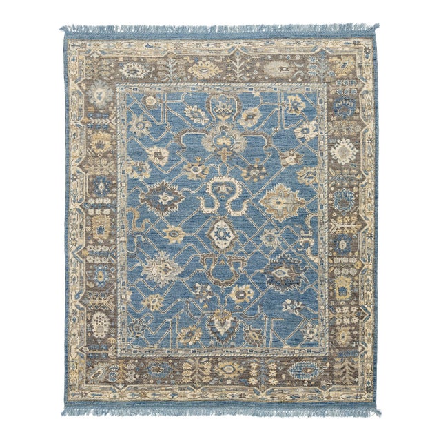 Modern Oushak Style Hand-Knotted Wool Area Rug in French Blue, Slate Grey & Gold For Sale