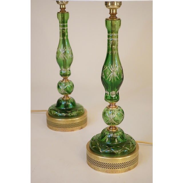 1940s Classic Bohemian Green "Cut Through" Deco Art Glass Brass Boudoir Candlestick Table Lamps - a Pair For Sale - Image 9 of 16