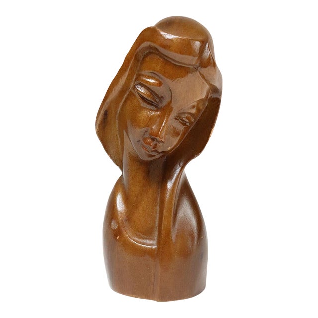 Vintage Petite Mabini Figural Female Bust Sculpture in Monkeypod For Sale