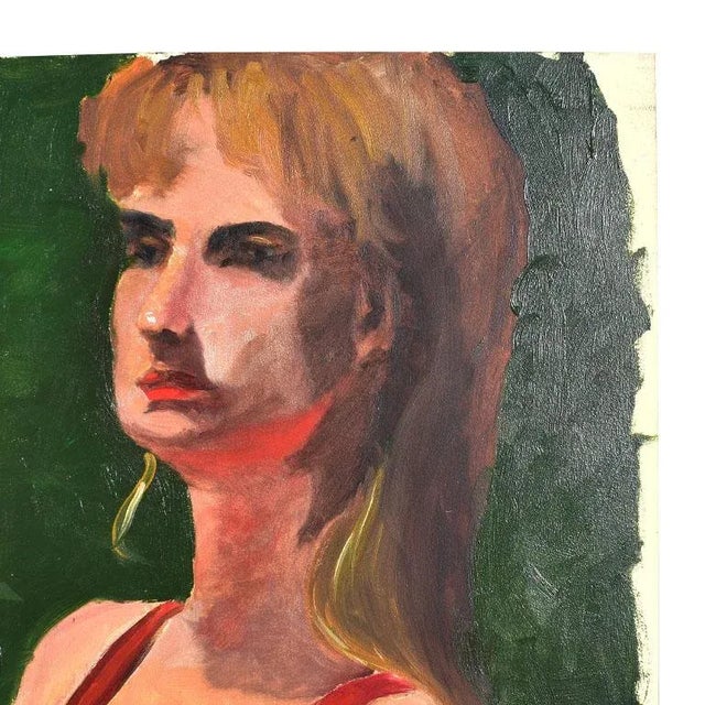Late 20th Century Original Clair Seglem Portrait Painting of a Woman With Red Top on Green For Sale - Image 5 of 7