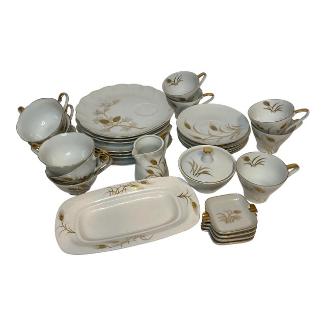 Antique Nippn Hand Painted Wheat Patterned Tea Set- 31 Pieces For Sale