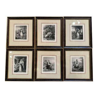 Early 20th Century English Framed Black and White Signed Engravings, Set of Six For Sale