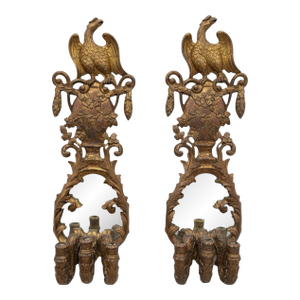 Monumental Giltwood Federal Neo-Classical Style Eagle Sconces Mirrors - Pair