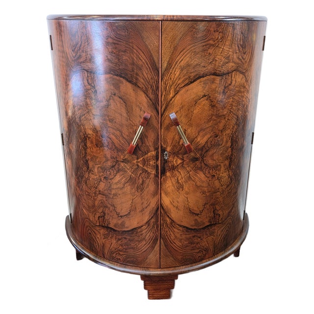 1930s Art Deco Cocktail Bar Cabinet Burl Walnut Birdseye Maple Interior Turnidge Company For Sale