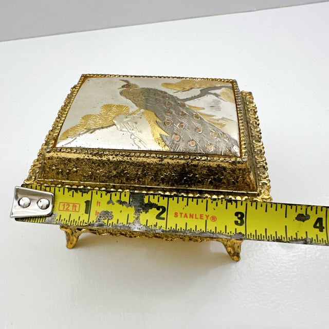 Vintage Japanese Chokin Jewelry Box, Peacock Trinket Box, Gilded Metal Keepsake Box, Made in Japan, Gold Tone Vanity Decor For Sale - Image 11 of 12