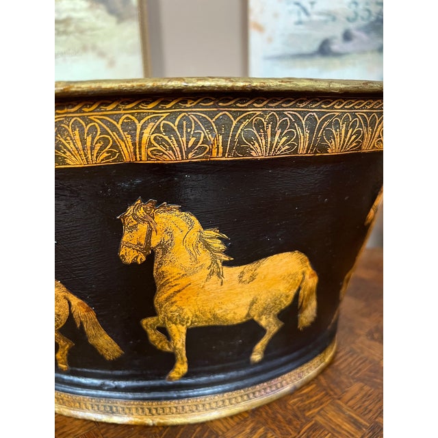 Antique English Planter Jardiniere Horse Equine Black Decoupage Tole Metal C1900 For Sale In Dallas - Image 6 of 18