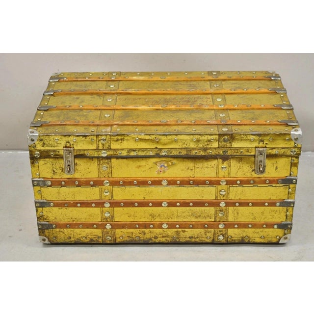 Antique Victorian Brass Clad Wooden Band Train Trunk Storage Treasure Chest. Circa Early 20th Century. Measurements: 18.5"...