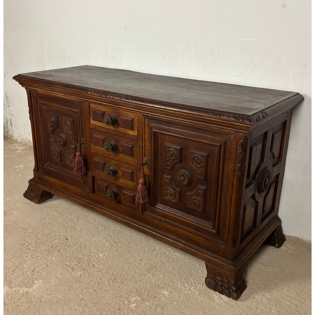 Vintage Spanish Renaissance Style Low Sideboard in Oak with Carved Panel, 1920 For Sale - Image 4 of 13