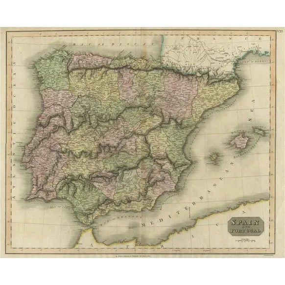 Antique Map of Spain and Portugal, 1815 For Sale