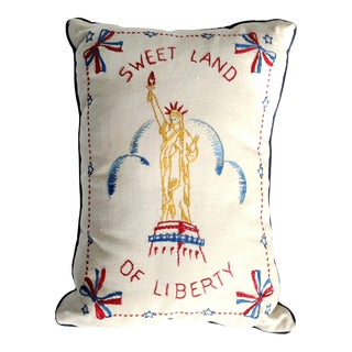 Hand Embroidered Vintage Patriotic Statue of Liberty Pillow For Sale
