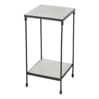 Larkin 12 in. W Square Outdoor Marble and Iron Side Table with Lower Open Shelf, Metal Outdoor Finish For Sale