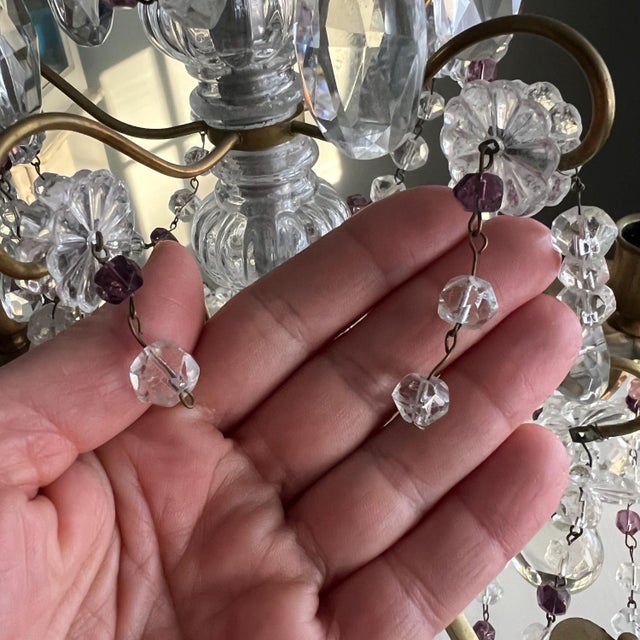 1920s Beautiful 5-arm French Girandole crystal candelabra with purple accents // table chandelier // brass and crystal candle holder // amethyst For Sale - Image 11 of 12