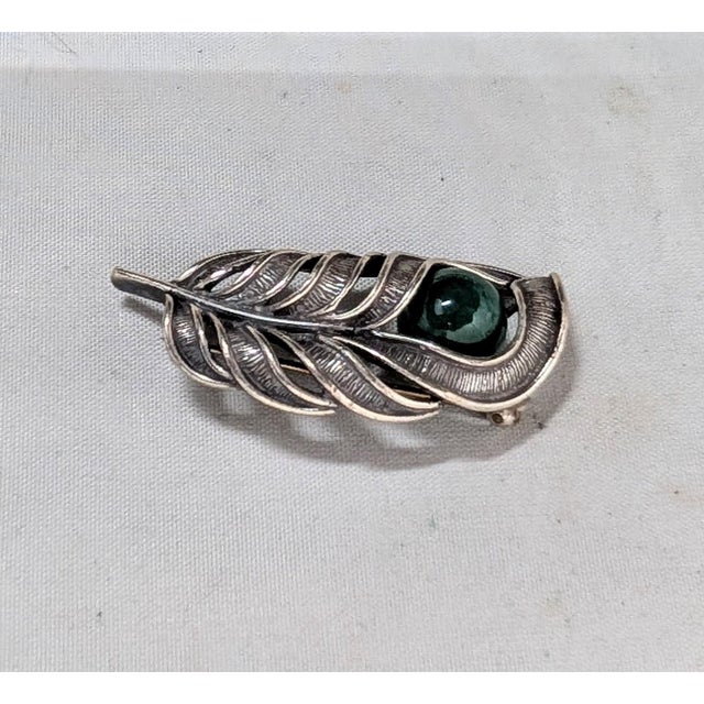 Mid-Century Modern Vintage 1960s Signed Napier Sterling Silver Faux-Jade Feather Brooch For Sale - Image 3 of 7