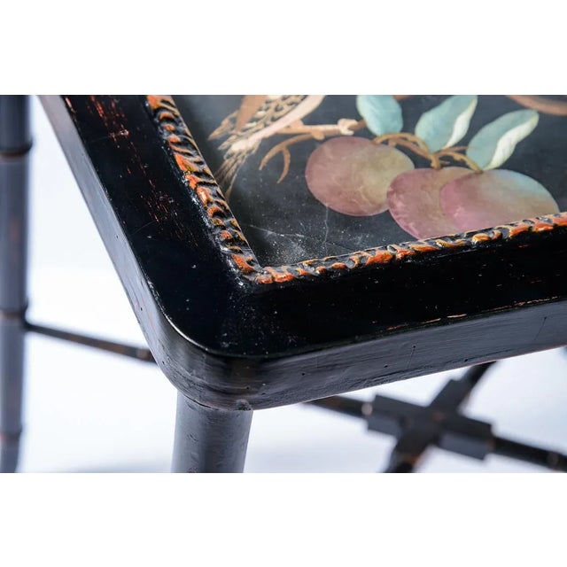 Pair French Drinks Table Faux Bamboo With Painted Birds Under Glass For Sale - Image 11 of 12
