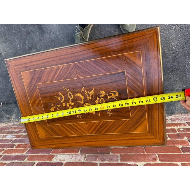 Vintage Louis XvI Style Marquetry Stretcher Base Brass Mounted Floral Inlaid Card Table For Sale - Image 13 of 16