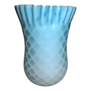 Antique Mt. Washington Blue Satin Art Glass Quilted Diamond Ruffled Vase For Sale