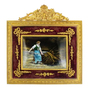 19th Century French Limoges Enamel Portrait Plaque, Farm Scene, Gilt Bronze Ormolu Frame