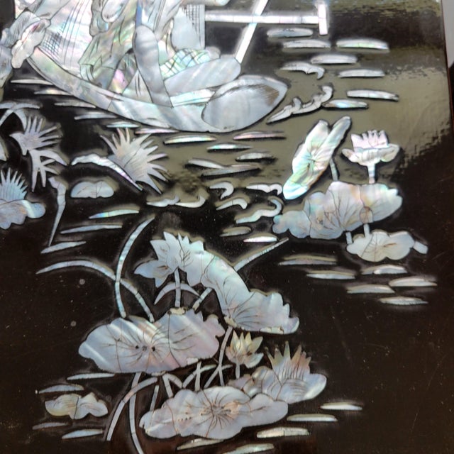 VTG Rare Set of 4 Panels Vietnamese Mother of Pearl Inlay Lacquer Fishing Hunting Plaques Farm Life MCM Sơn Mài For Sale - Image 11 of 18