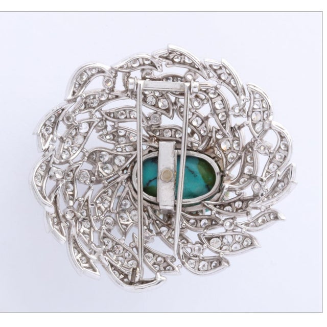 Contemporary Platinum, Diamond, and Persian Turquoise Asymmetric Dress Clip For Sale - Image 3 of 7