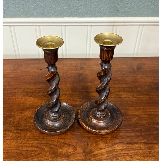 Wood Antique English Barley Twist Candlesticks Candle Holders Oak Pair 10.5" Tall For Sale - Image 7 of 17