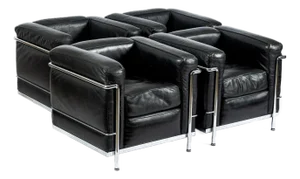 Set of Four Cassina Lc2 Black Leather Petit Lounge Chairs by Le Corbusier