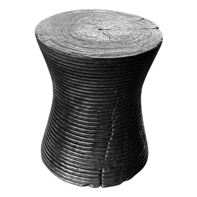 Solid Mango Wood Round Side Table Modern Organic, Burnt Finish For Sale