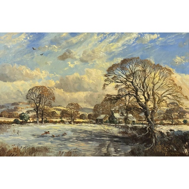 Richard Woods John Miller Winter landscape with snow covered fields & farmhouse in the English Countryside 1985 Circa For Sale - Image 4 of 14
