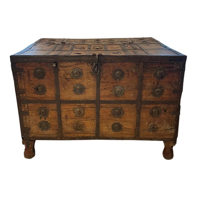 Antique Indian Carved Wood Dowry Trunk With Metal Accents For Sale