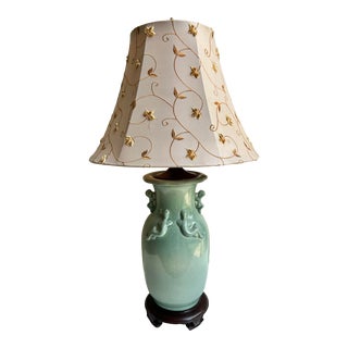 Vintage Chinoiserie Celadon Green Crackle Glazed Temple Jar Table Lamp With Shade For Sale
