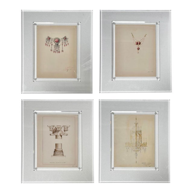 Set of 4 Jewelry and Architecture Watercolors in Lucite Frames For Sale