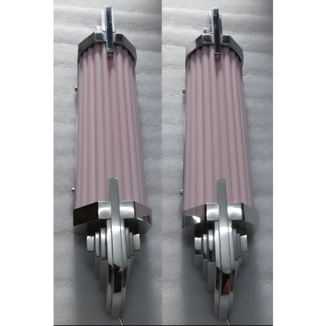 1940s Vintage Art Deco Light Old Lamp Wall Sconces Fixture Nickel Brass & Opaline Pink Glass Rod Ship Light - Pair For Sale - Image 5 of 5