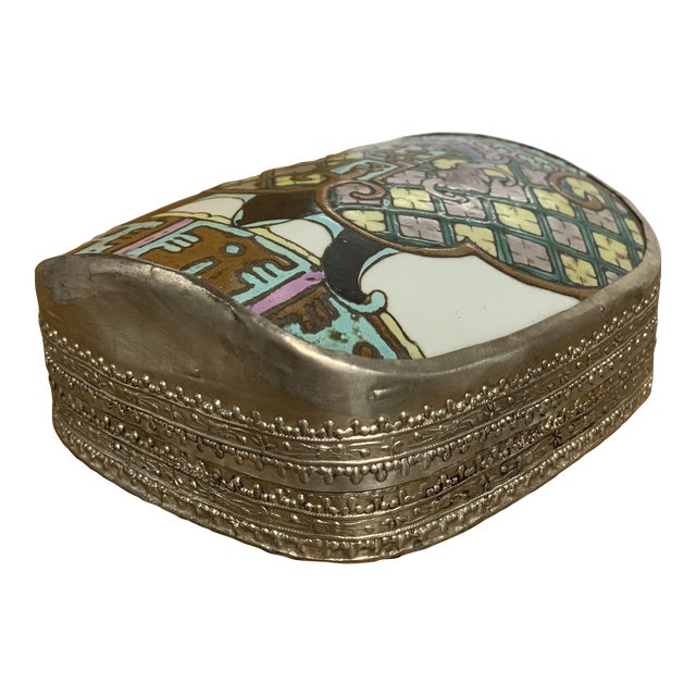 Vintage Late 20th Century Chinese Porcelain Shard & Repousse Nickel Silver Trinket Box For Sale