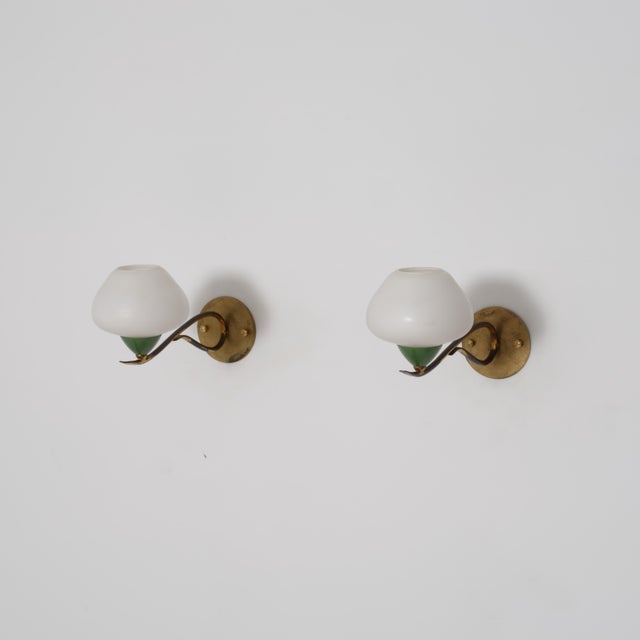 Italian Brass, Green Lacquered Metal and Opaline Glass Wall Sconces, 1950s, Set of 2 For Sale - Image 11 of 13